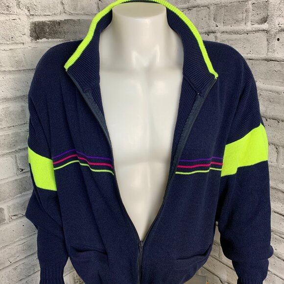 Vintage Jardi Wool Blend Navy Neon Green Knit Full Zip Ski Cadigan Sweater - Picture 4 of 14